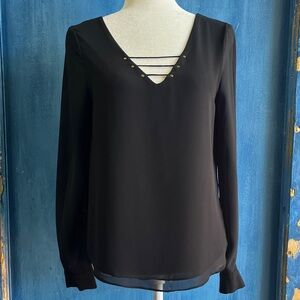 Naked Zebra Black V‑Neck Long Sleeve Blouse with Strappy Detail
